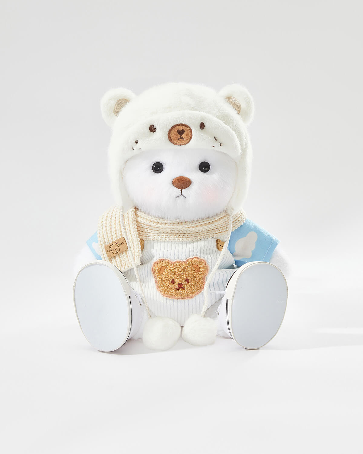 White Long Hair Bear & Casual White Bear Hat Overalls Set of 5 - 12 Inches