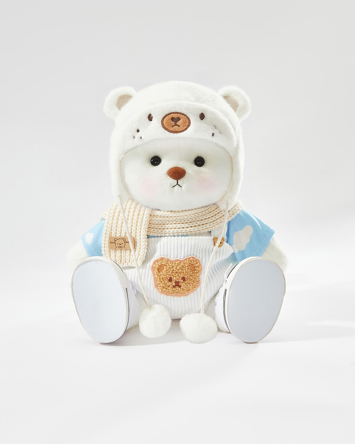 White Short Hair Bear & Casual White Bear Hat Overalls Set of 5 - 12 Inches