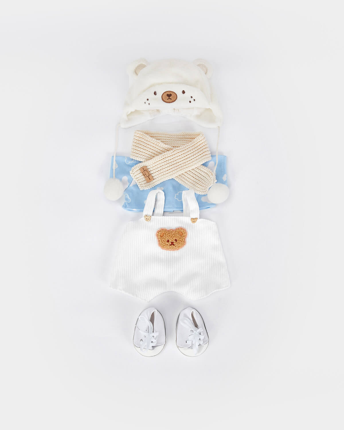 Mint Blue Long Hair Bear & Casual White Bear Hat Overalls Set of 5 - 12 Inches