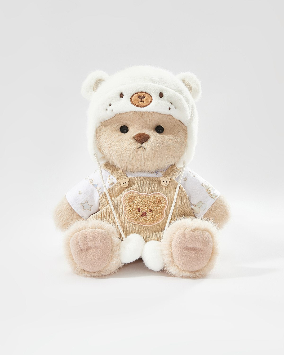 Milk Tea Long Hair Bear & White Mink Bear Overalls Set - 12 Inches