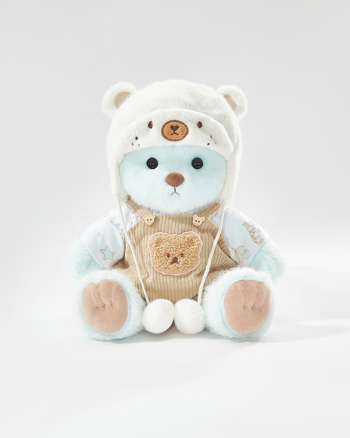 Mint Blue Long Hair Bear & White Mink Bear Overalls Set - 12 Inches