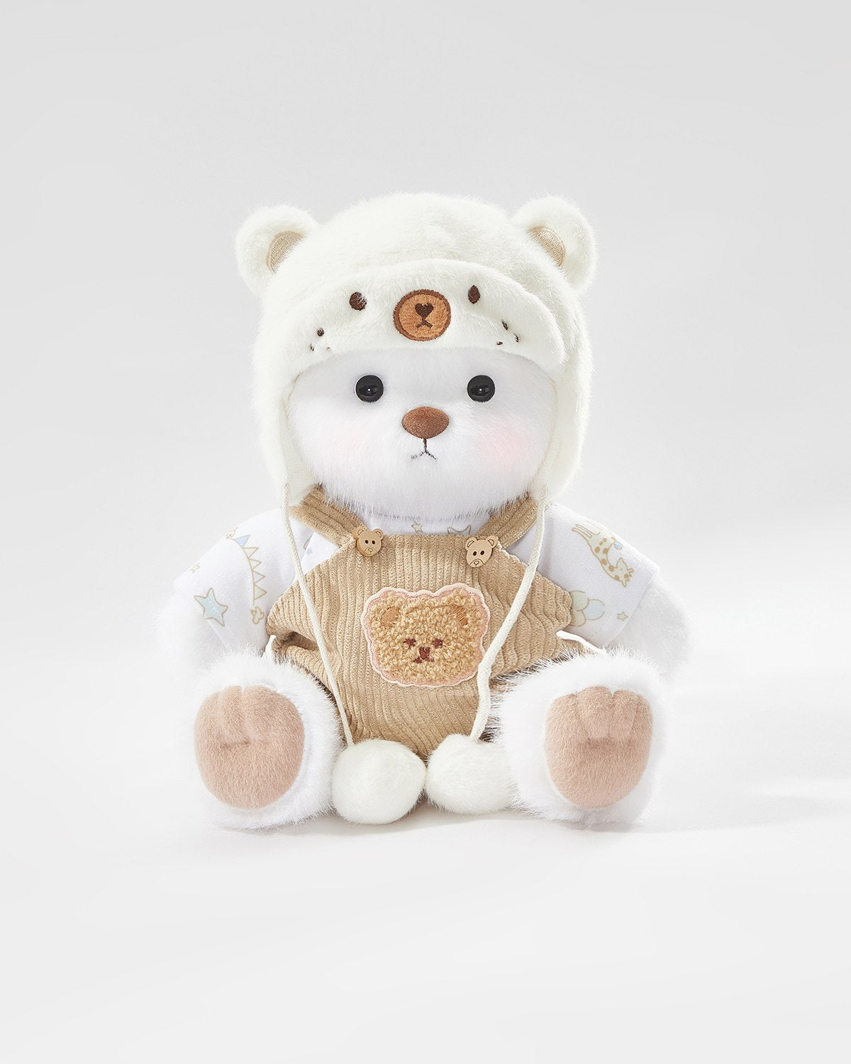 White Long Hair Bear & White Mink Bear Overalls Set - 12 Inches