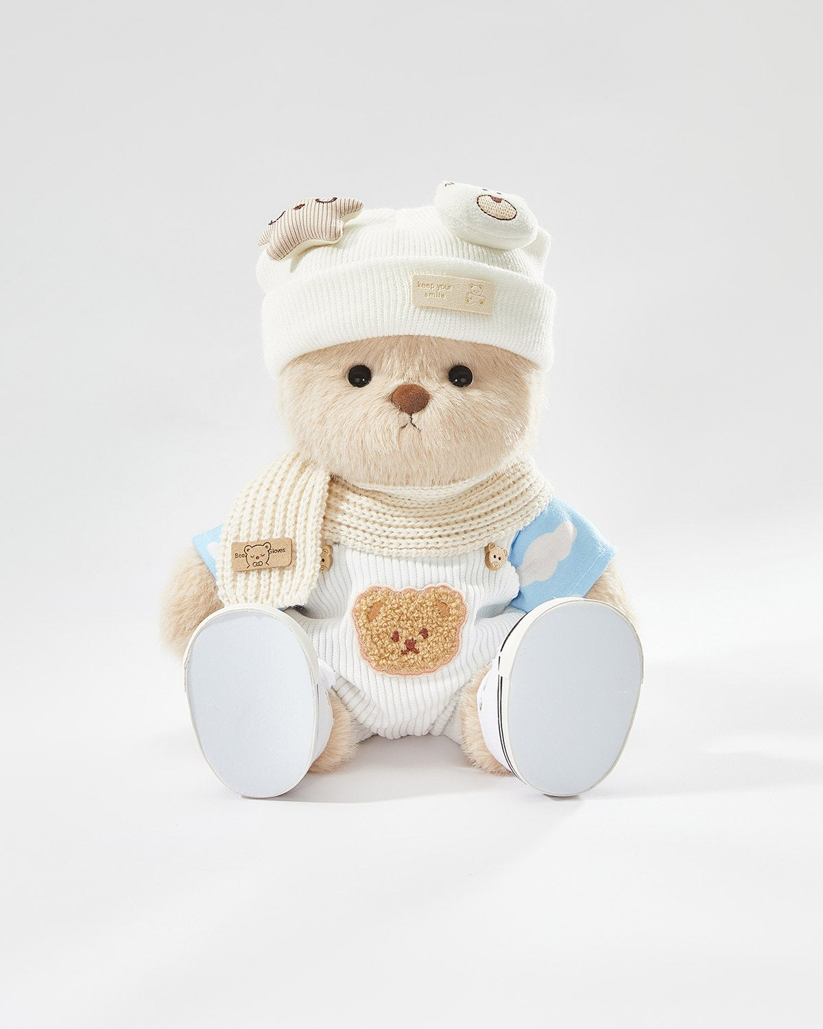 Milk Tea Long Hair Bear & Casual White Overalls Set of 5 - 12 Inches