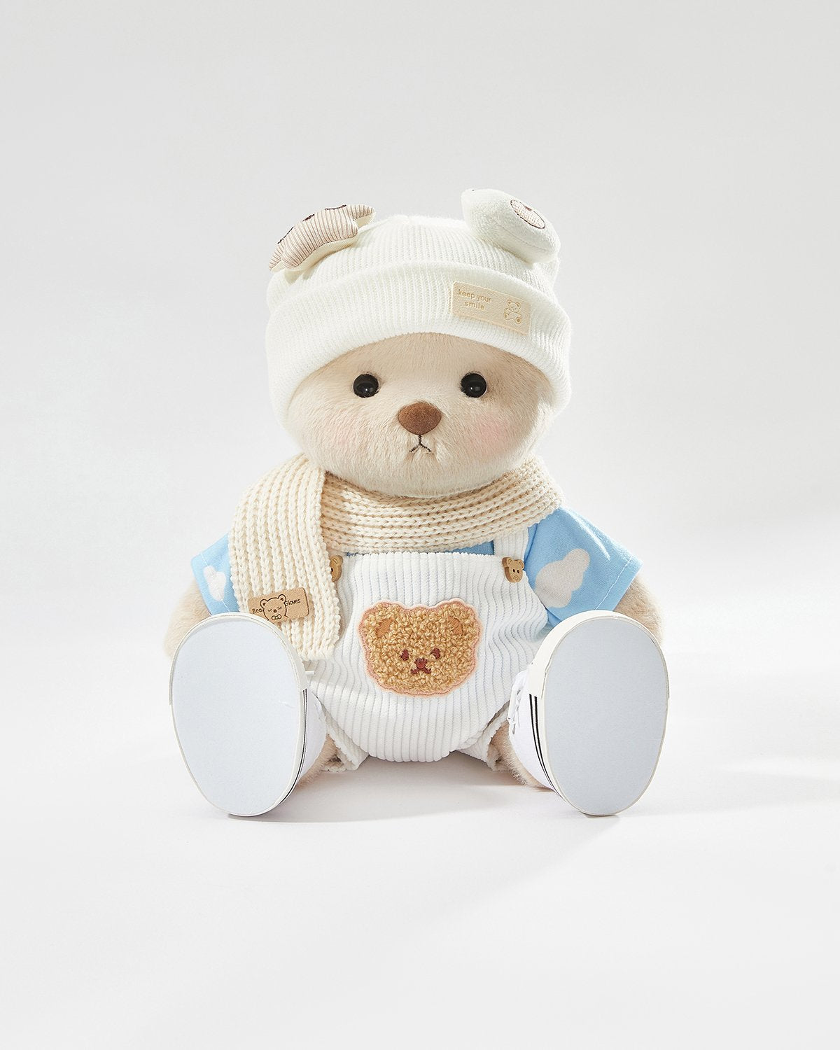 Milk Tea Short Hair Bear & Casual White Overalls Set of 5 - 12 Inches