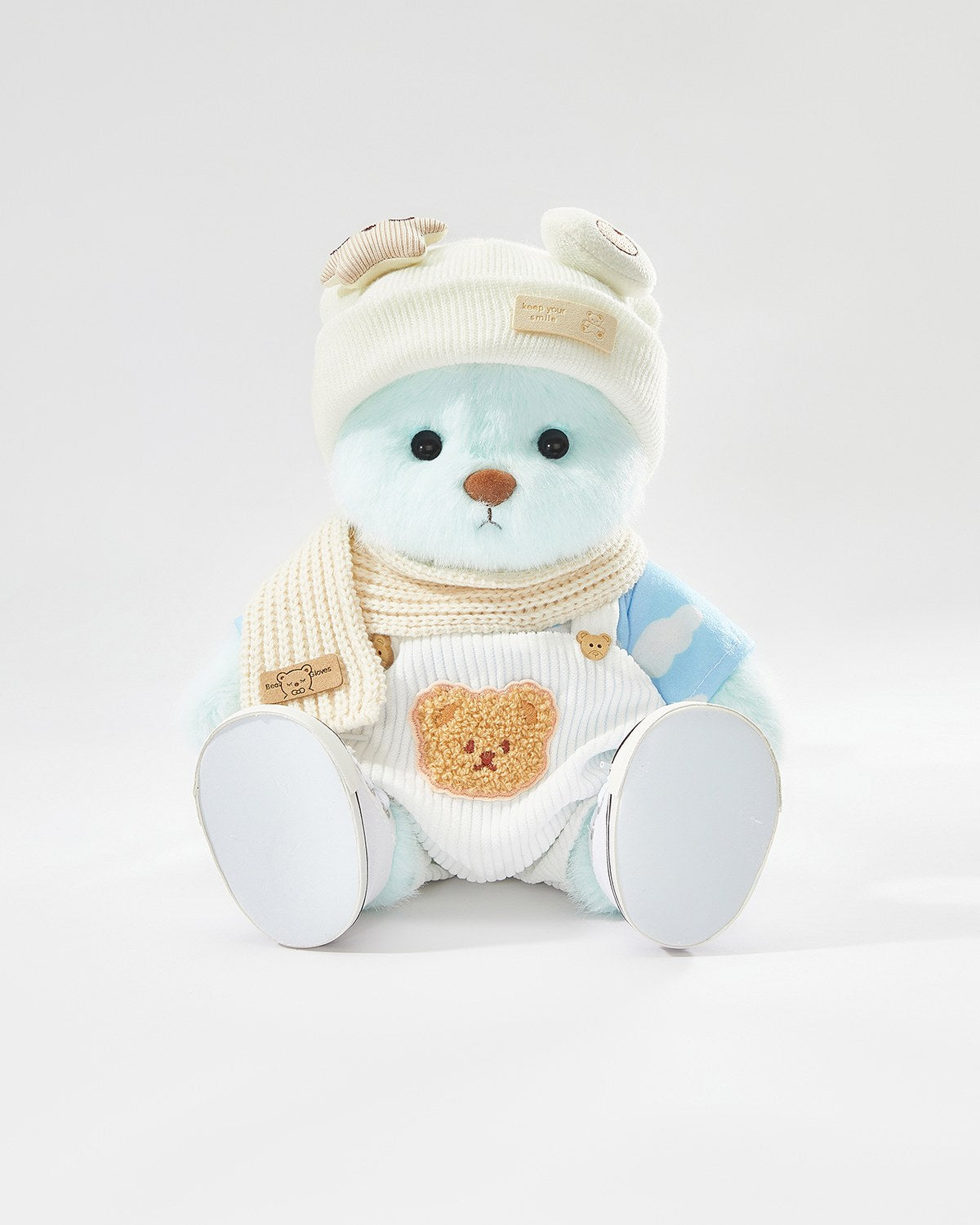 Mint Blue Long Hair Bear & Casual White Overalls Set of 5 - 12 Inches