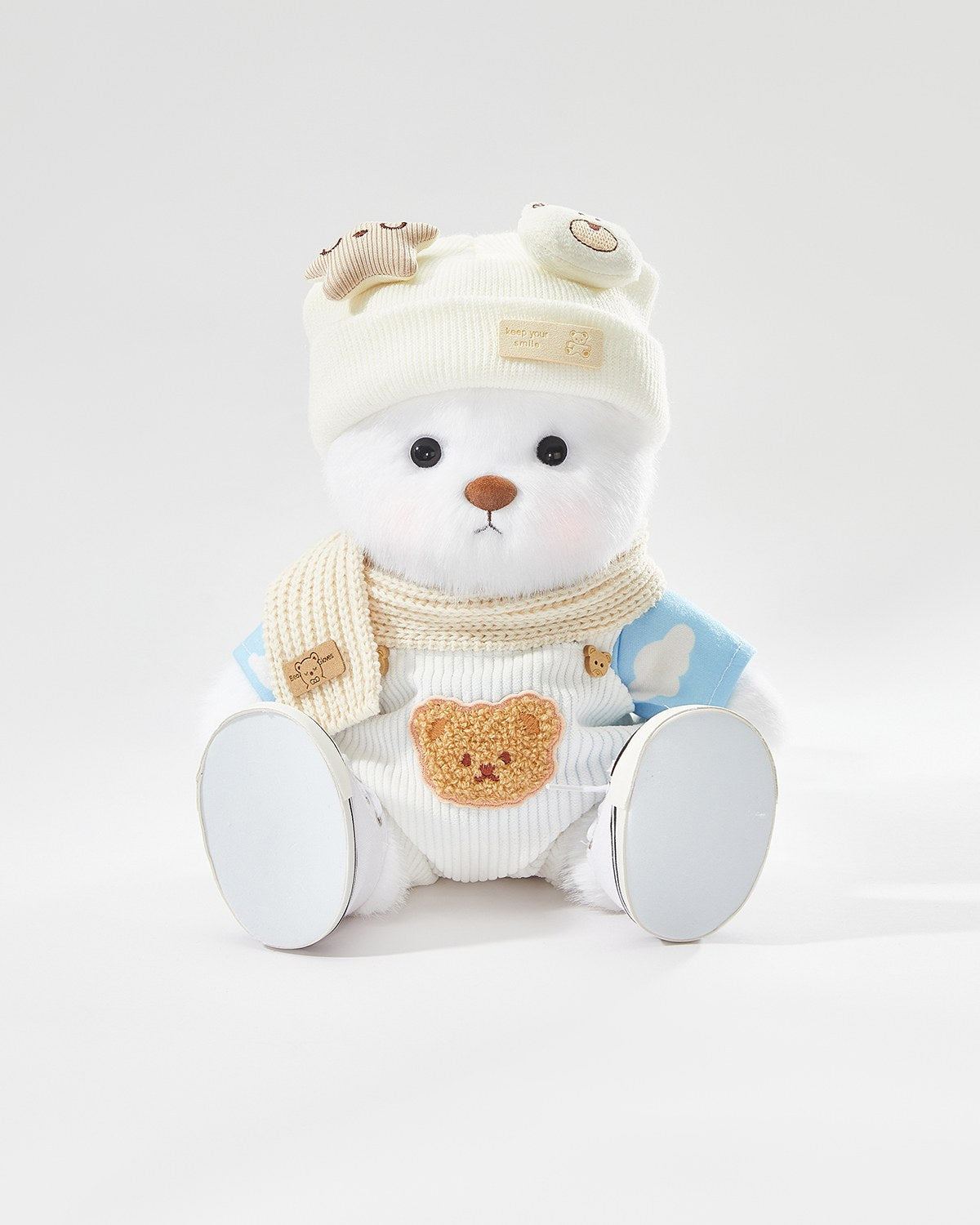 White Long Hair Bear & Casual White Overalls Set of 5 - 12 Inches