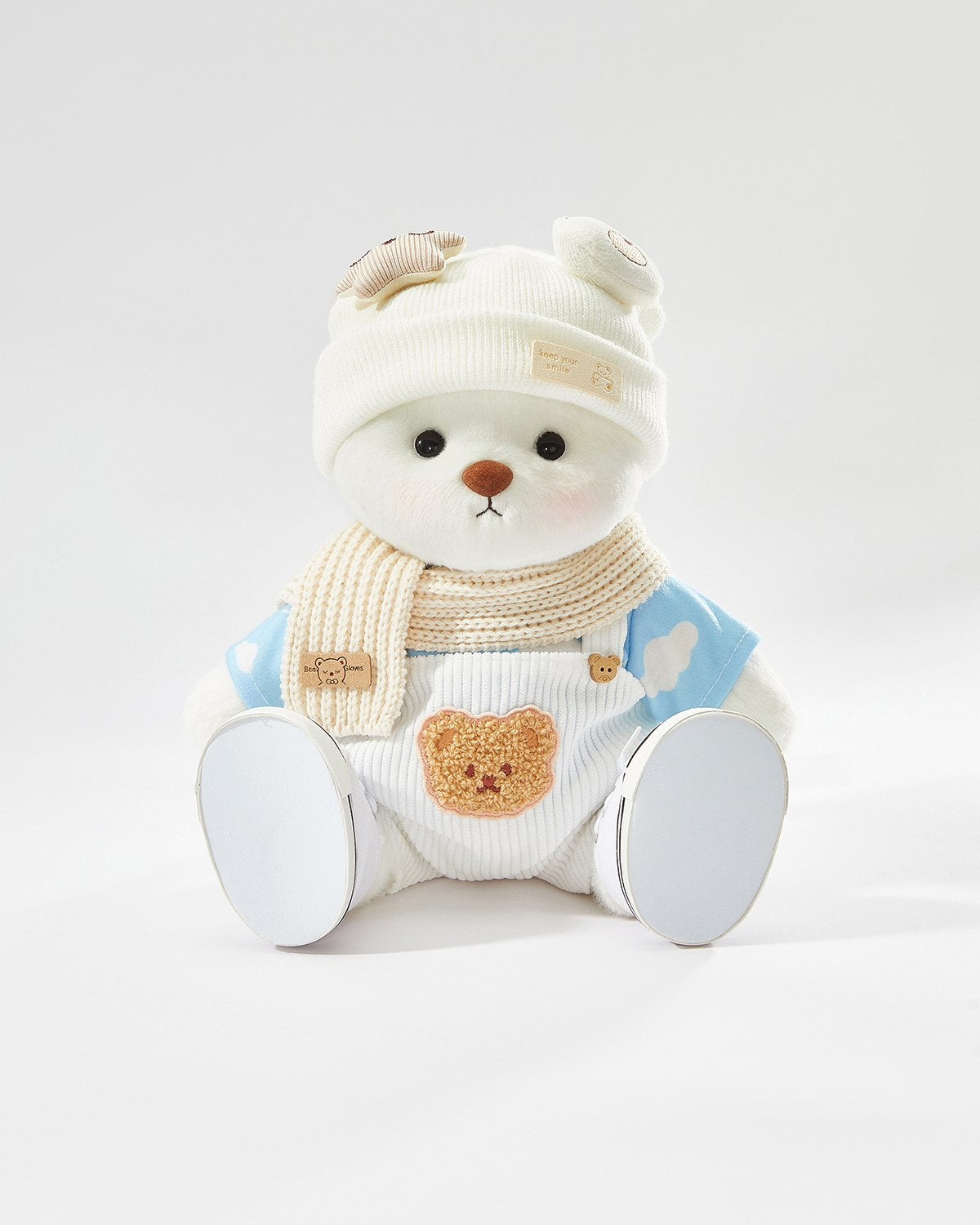 White Short Hair Bear & Casual White Overalls Set of 5 - 12 Inches