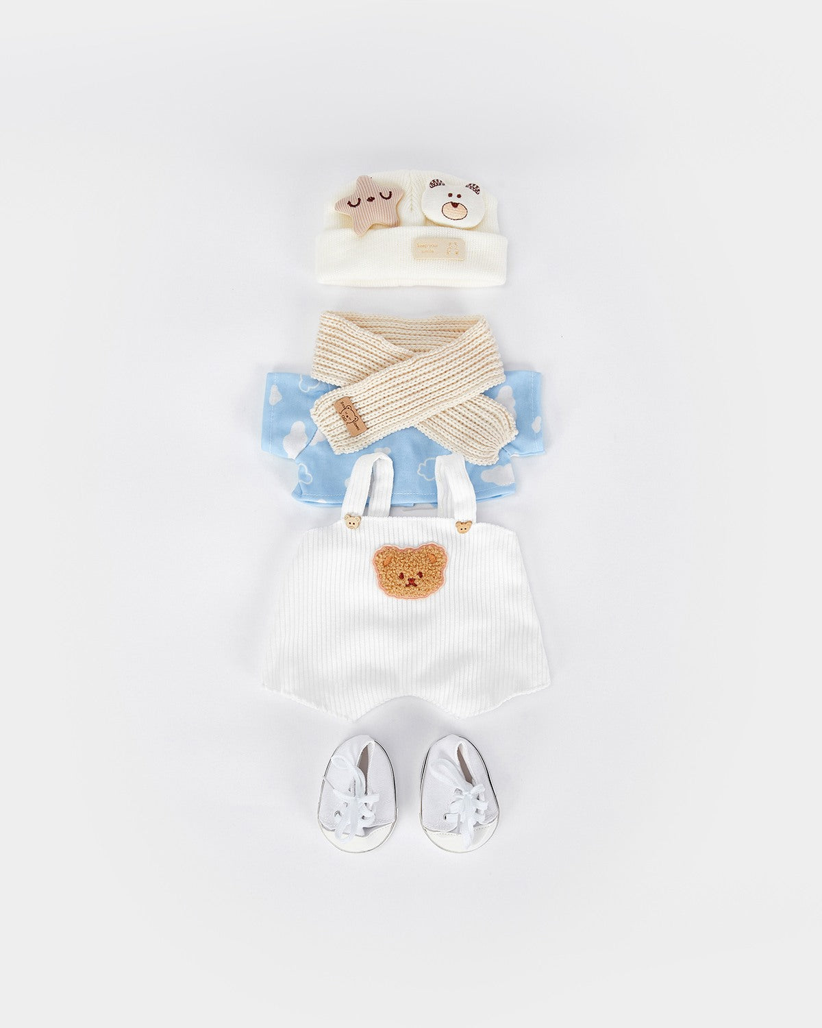 Mint Blue Long Hair Bear & Casual White Overalls Set of 5 - 12 Inches