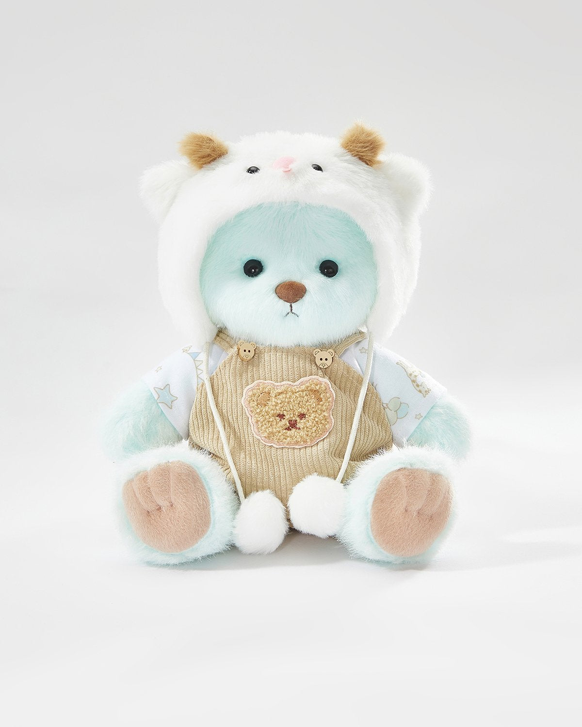 Mint Blue Long Hair Bear & White Sheep Overalls Set - 12 Inches