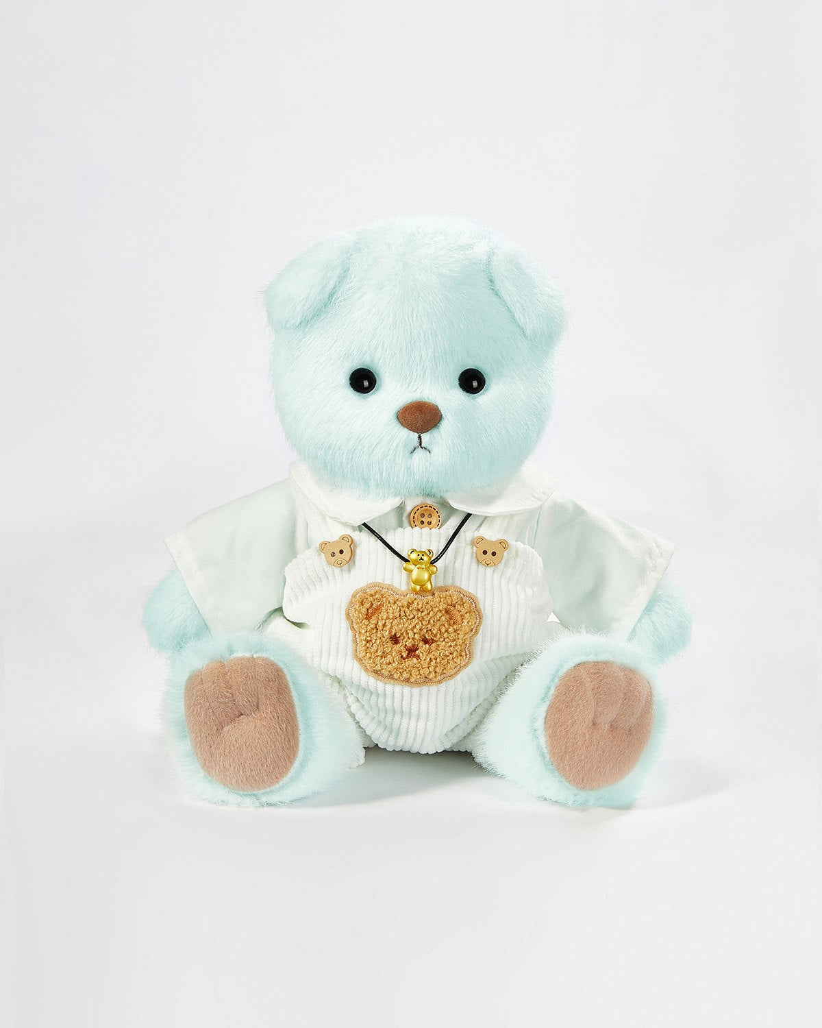Mint Blue Long Hair Bear & White Shirt Overalls Set - 12 Inches