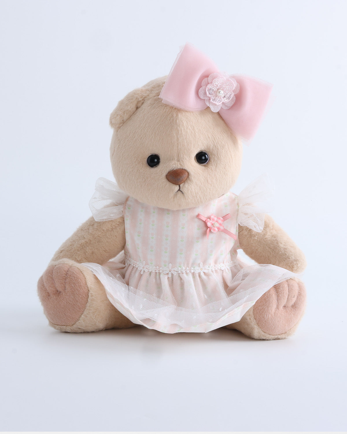 Milk Tea Short Hair Bear & White Peach Mist Floral Tulle Dress Set