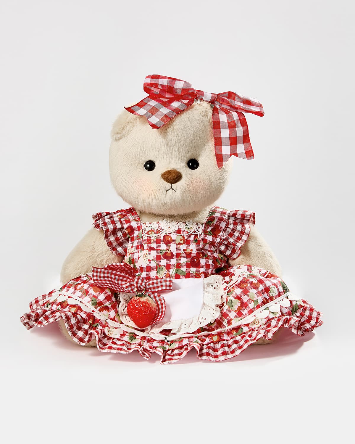 Milk Tea Short Hair Bear & Red Strawberry Plaid Dress Set of 3