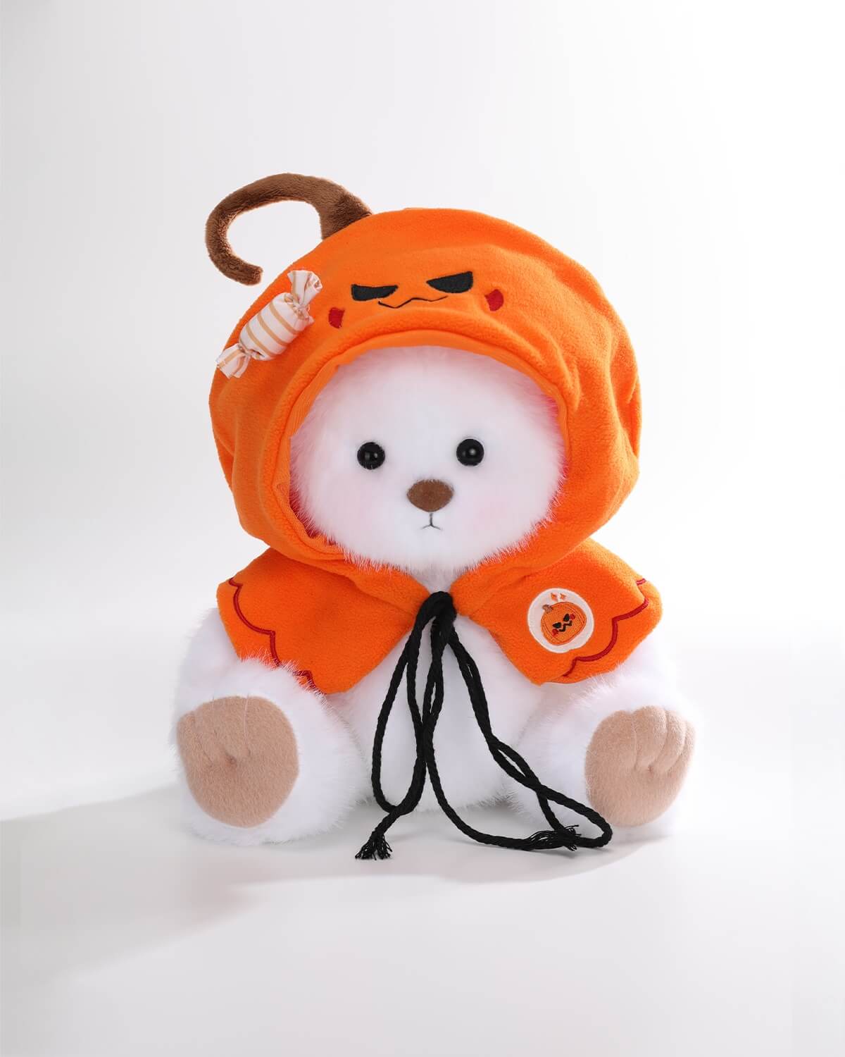 White Long Hair Bear & Halloween Pumpkin Hoo Hoo Cape - 12 Inches