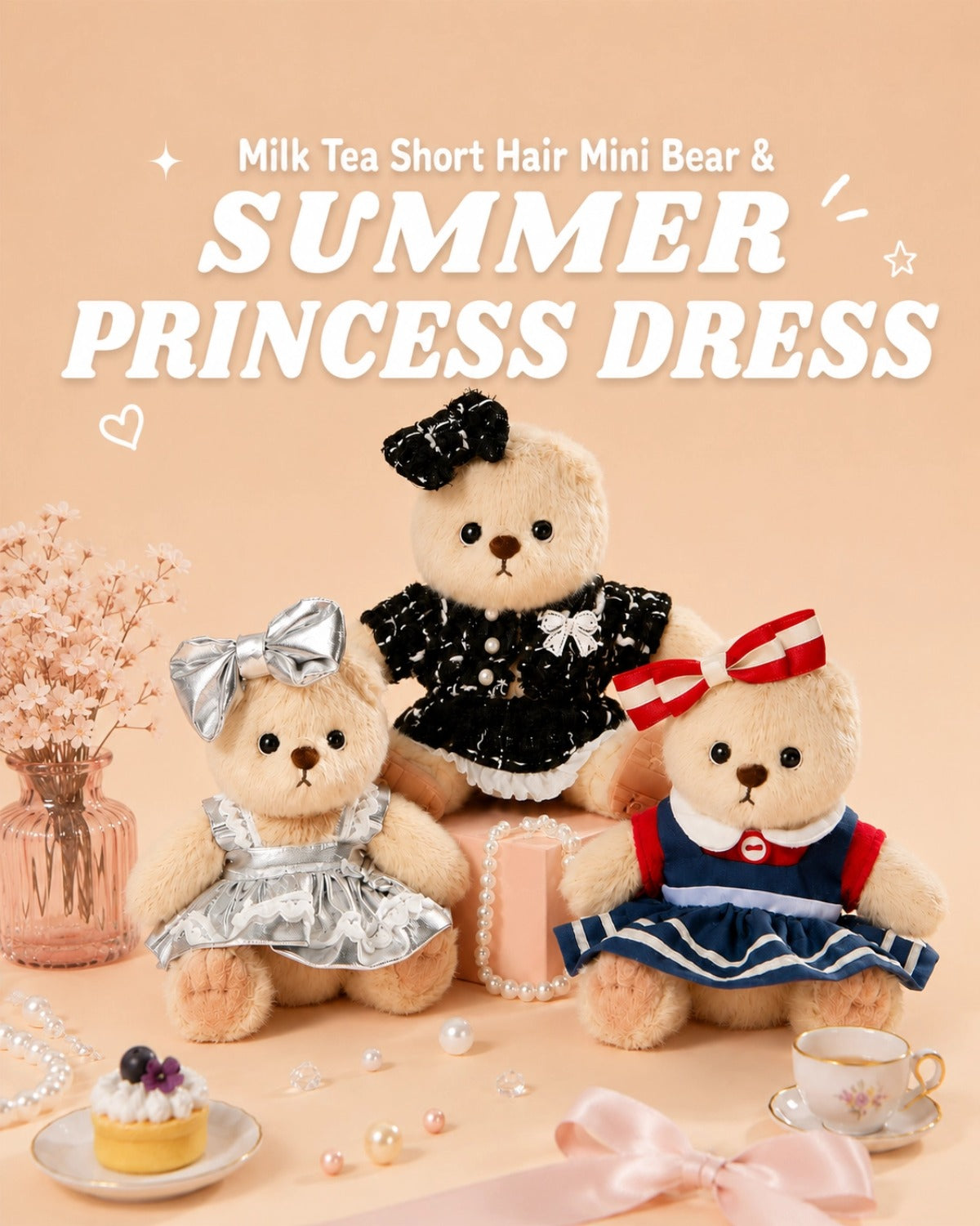 milk bear princess dress Milk Tea Short Hair Bear & White Princess Dress Set of 3