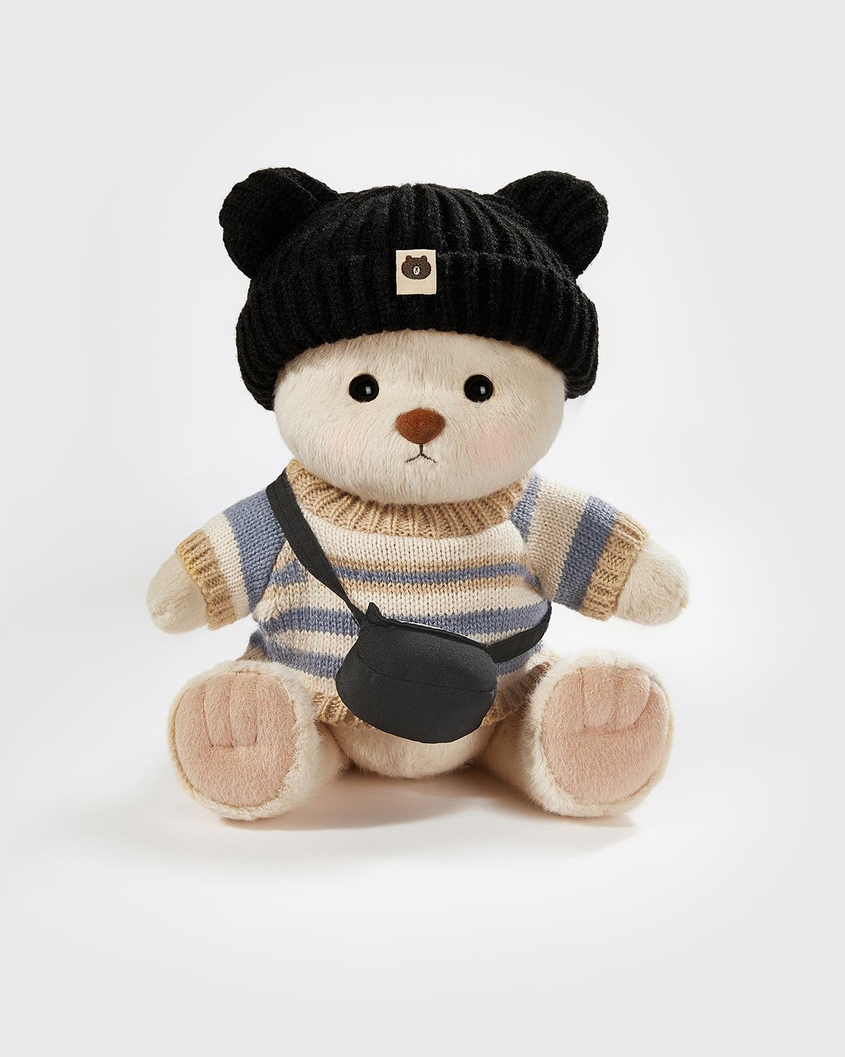 Milk Tea Short Hair Bear & Casual Black Hat Sweater Set - 12 Inches