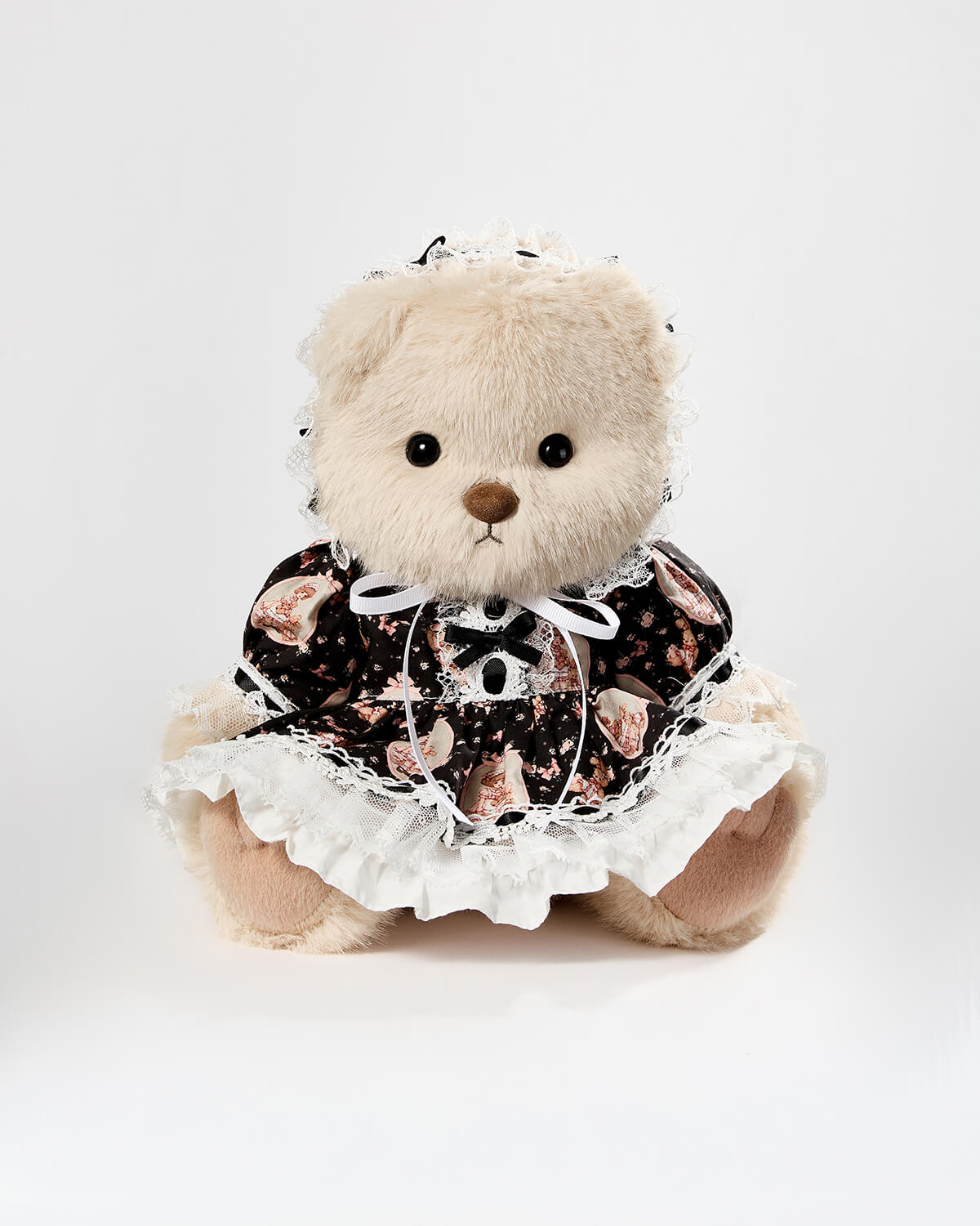 Milk Tea Long Hair Bear & Black Lace Lolita Dress - 12 Inches