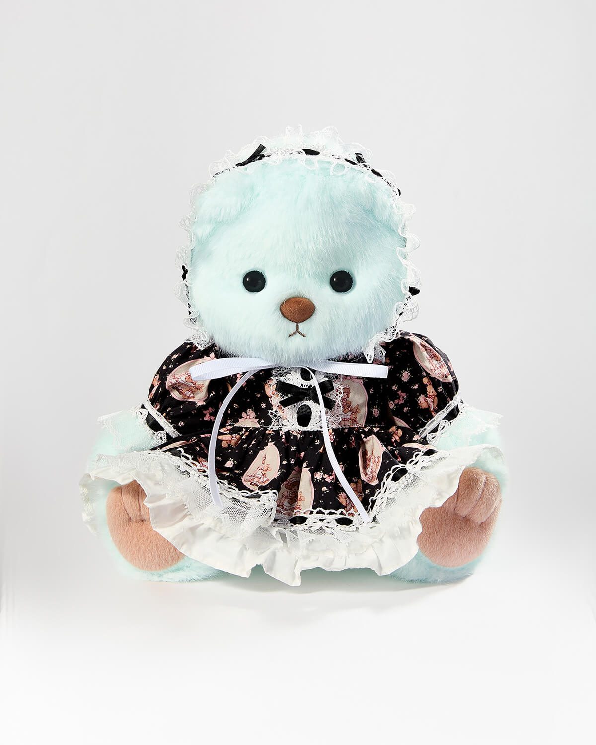 Mint Blue Long Hair Bear & Black Lace Lolita Dress - 12 Inches