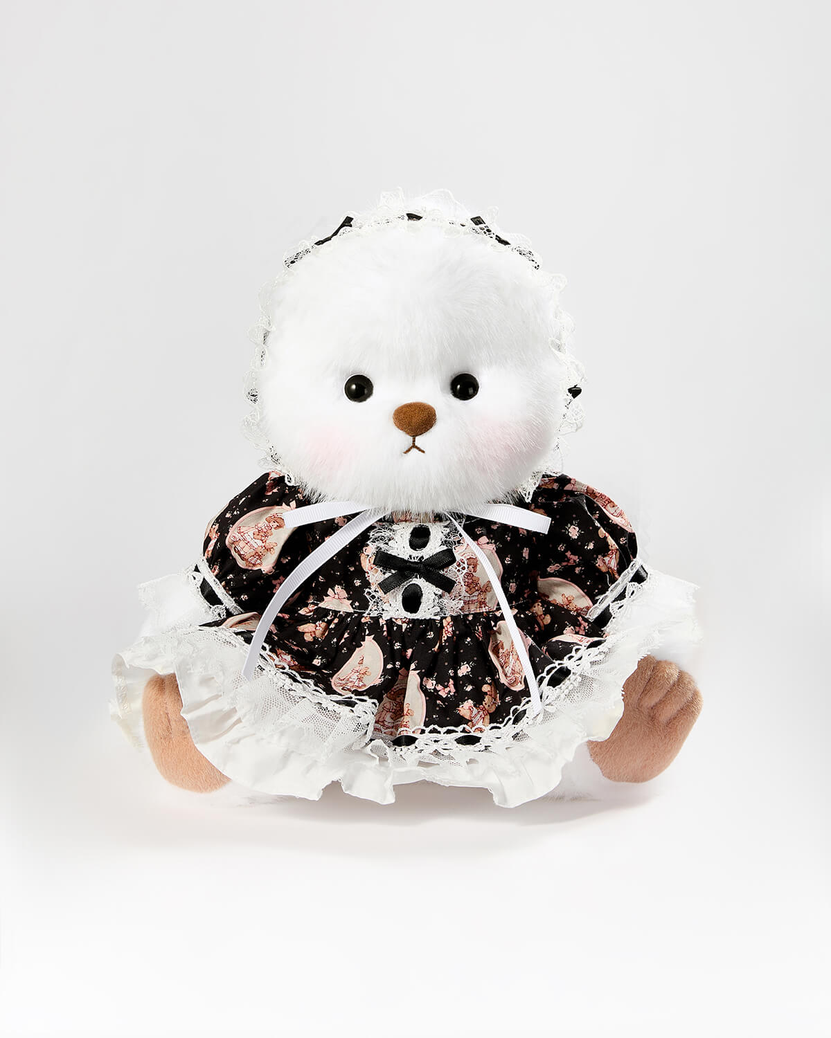 White Long Hair Bear & Black Lace Lolita Dress - 12 Inches
