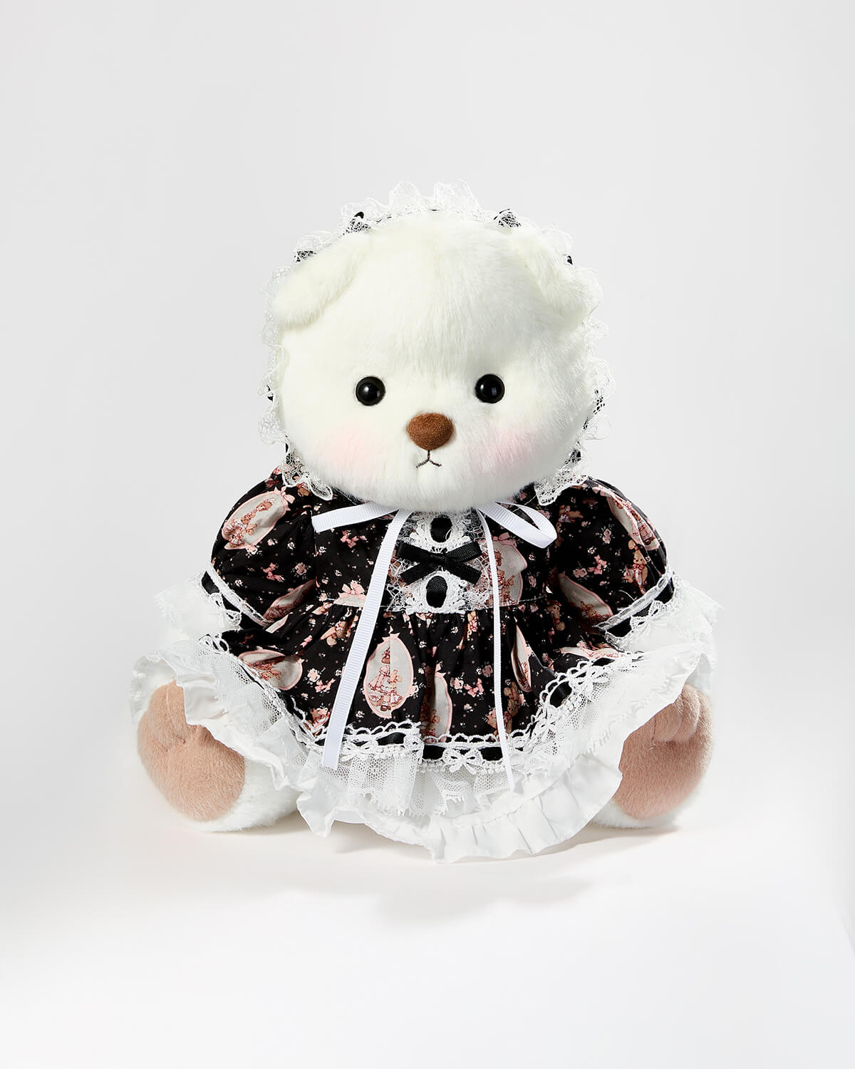 White Short Hair Bear & Black Lace Lolita Dress - 12 Inches