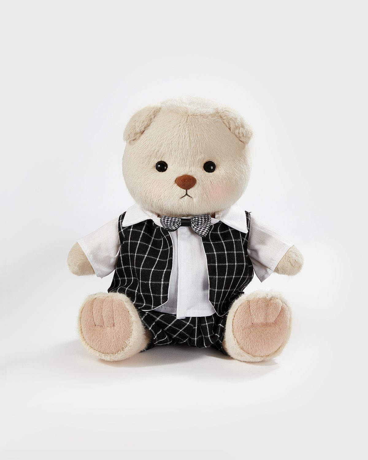 Milk Tea Short Hair Bear & Black Plaid Suit - 12 Inches
