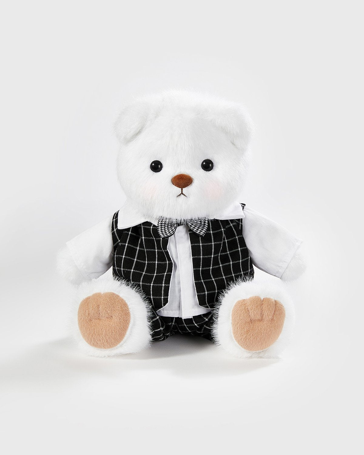 White Long Hair Bear & Black Plaid Suit - 12 Inches