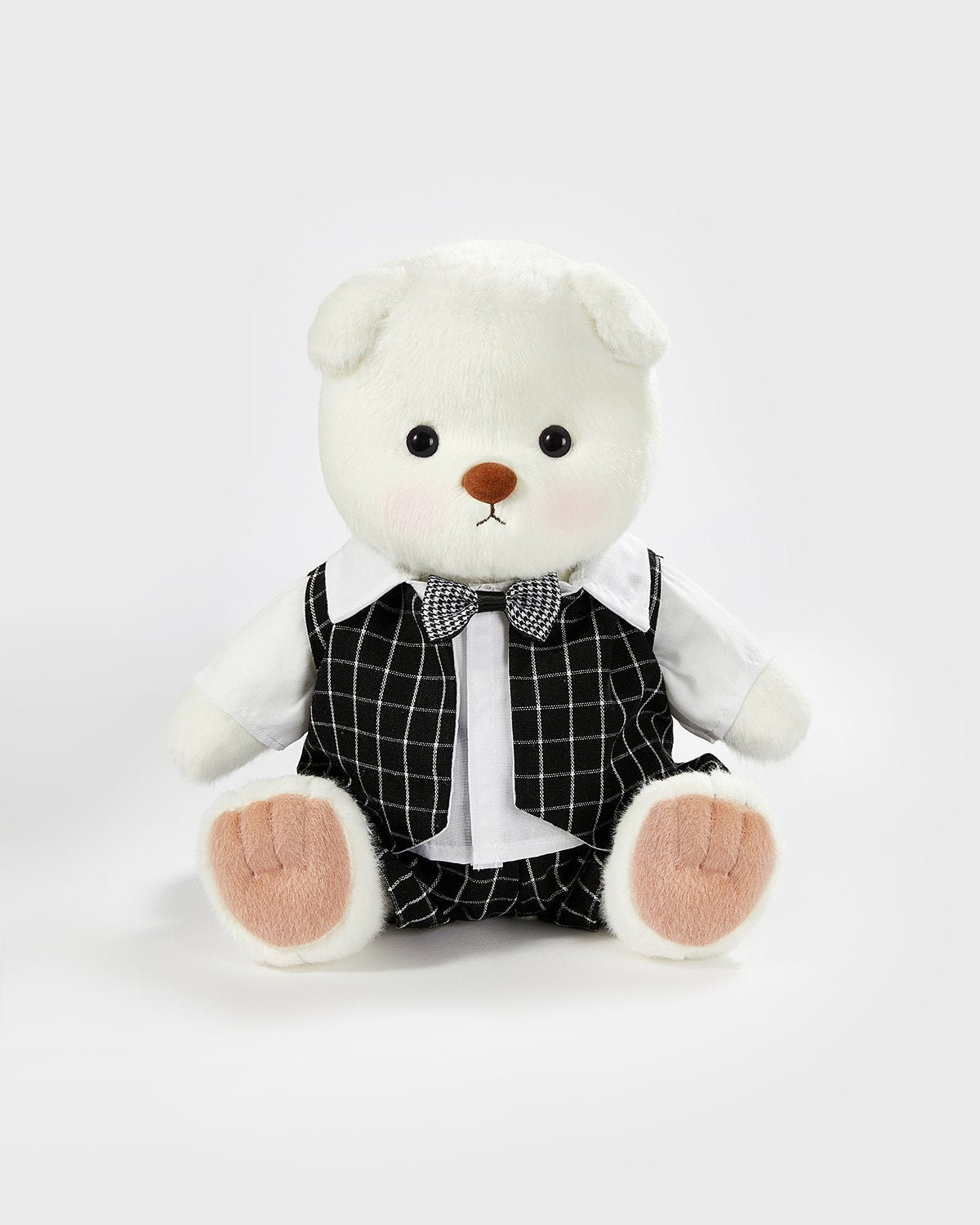 White Short Hair Bear & Black Plaid Suit - 12 Inches