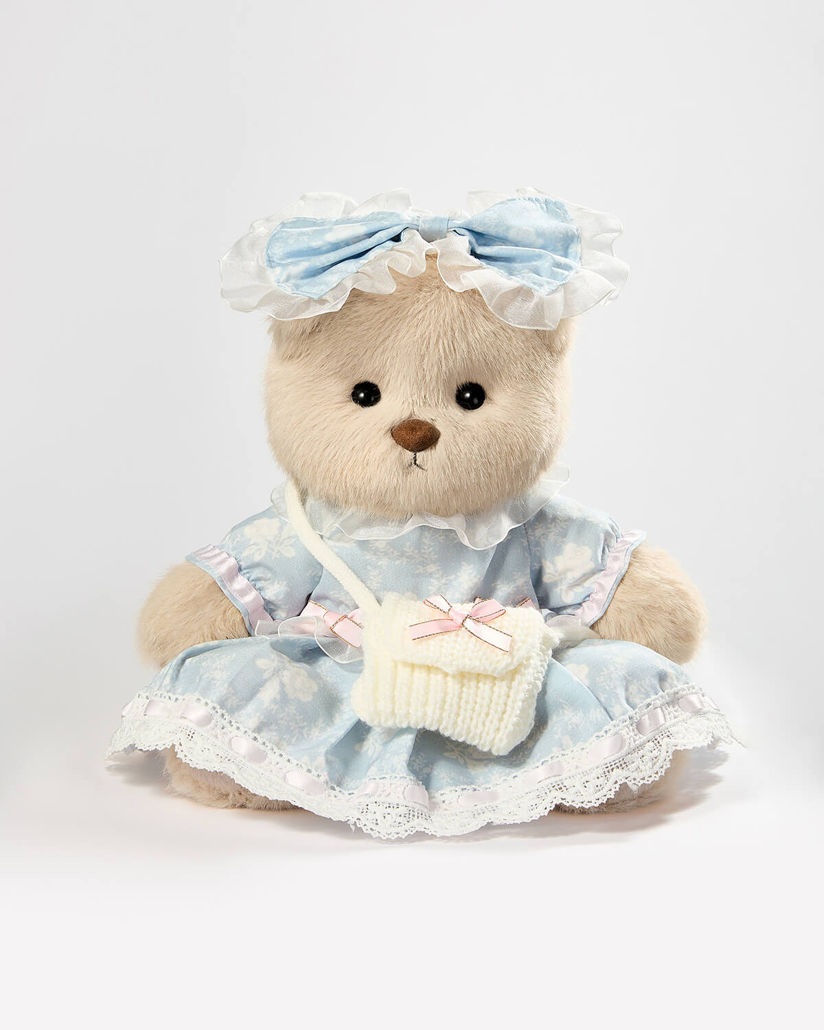 Milk Tea Long Hair Bear & Blue Jacquard Rose Dress - 12 Inches