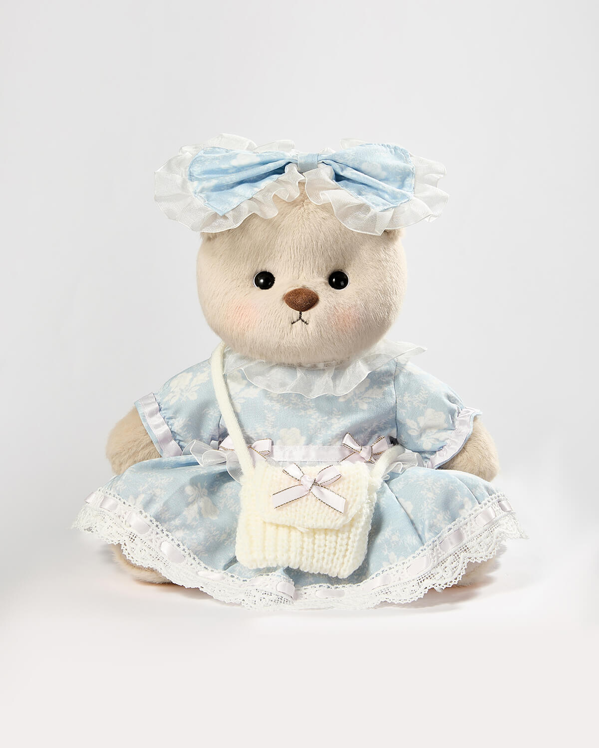Milk Tea Short Hair Bear & Blue Jacquard Rose Dress - 12 Inches