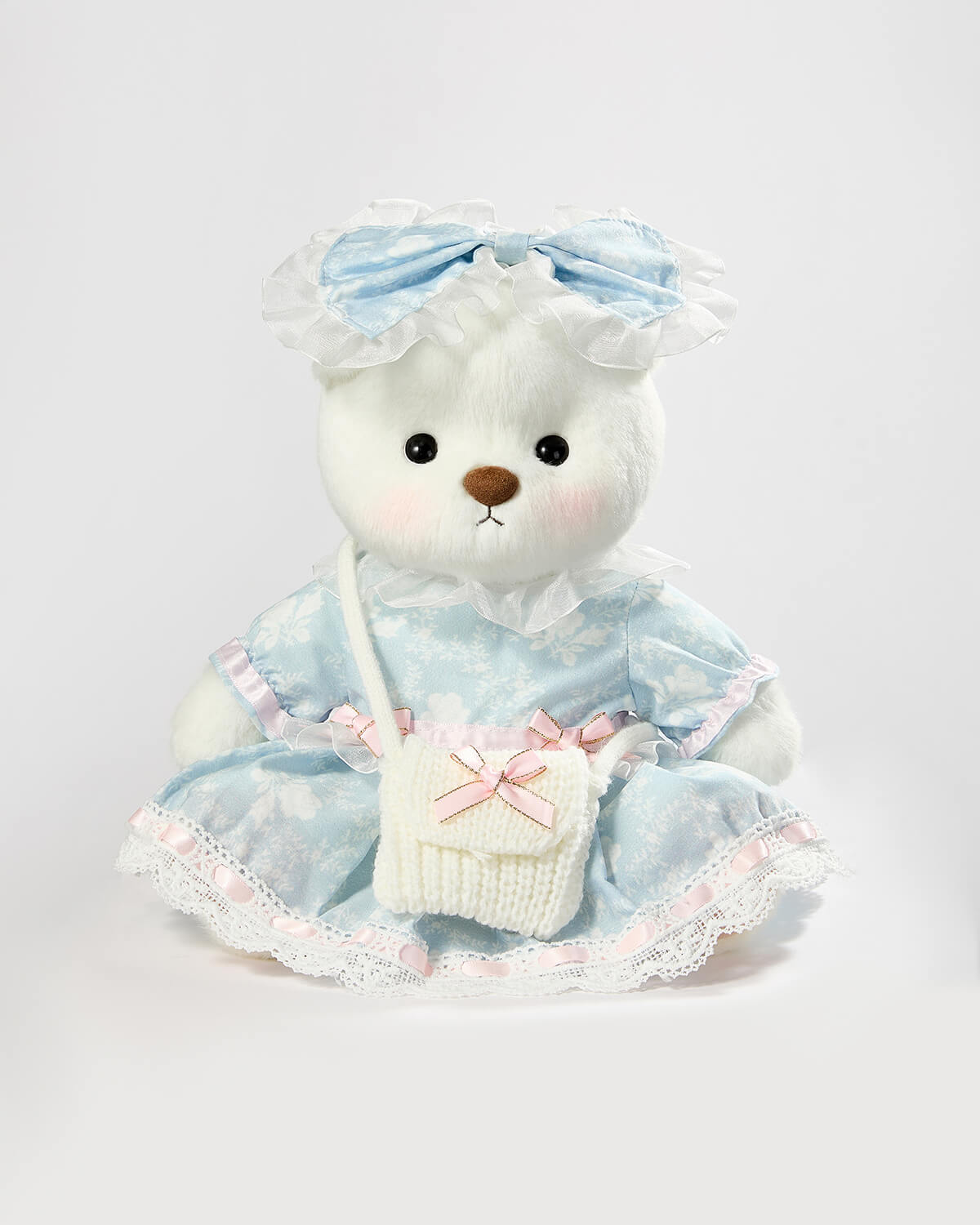 White Short Hair Bear & Blue Jacquard Rose Dress - 12 Inches