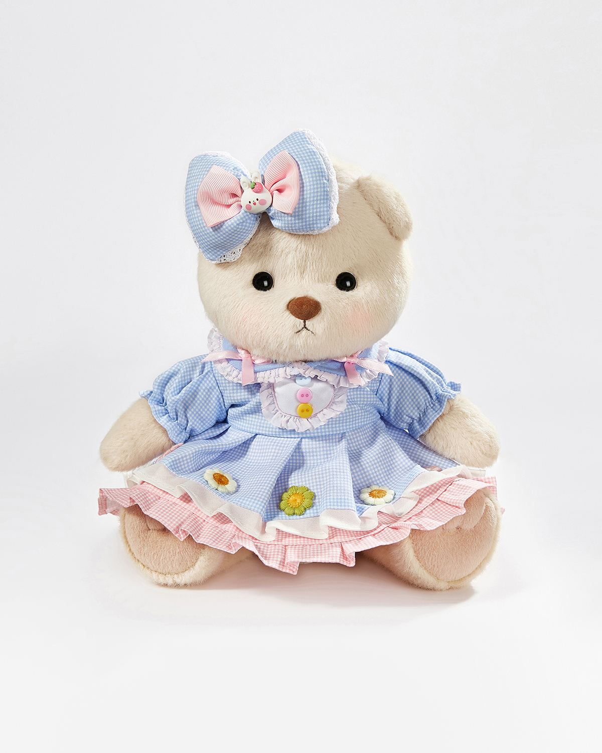Milk Tea Short Hair Bear & Cute Blue Plaid Floral Dress - 12 Inches