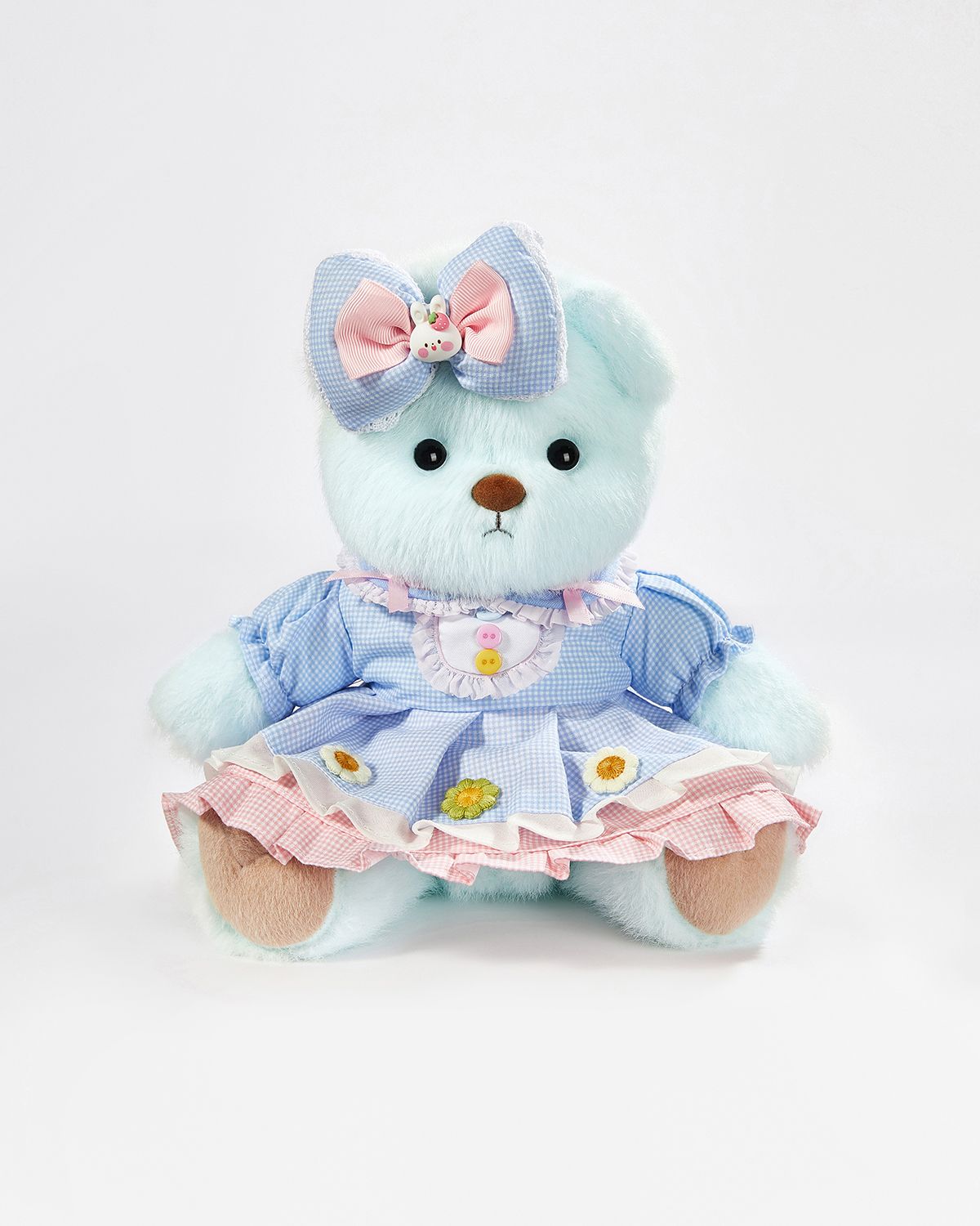 Mint Blue Long Hair Bear & Cute Blue Plaid Floral Dress - 12 Inches