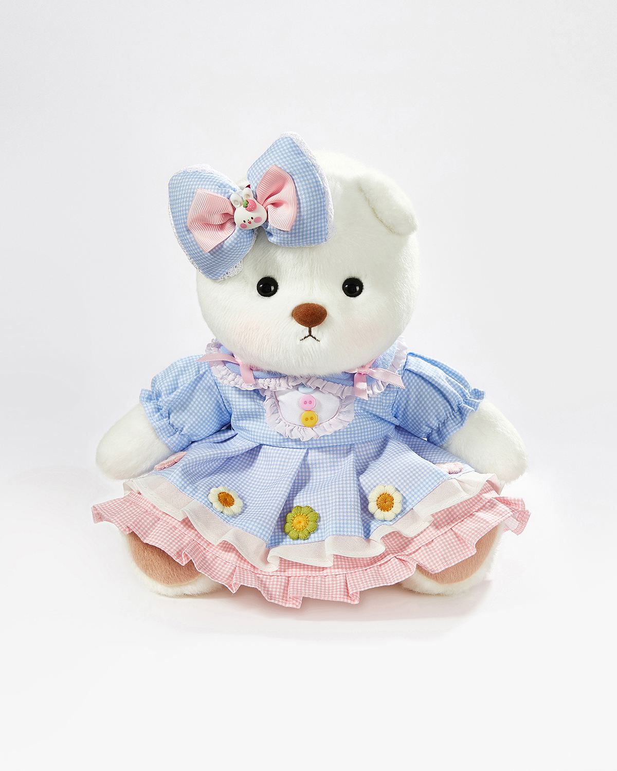 White Short Hair Bear & Cute Blue Plaid Floral Dress - 12 Inches