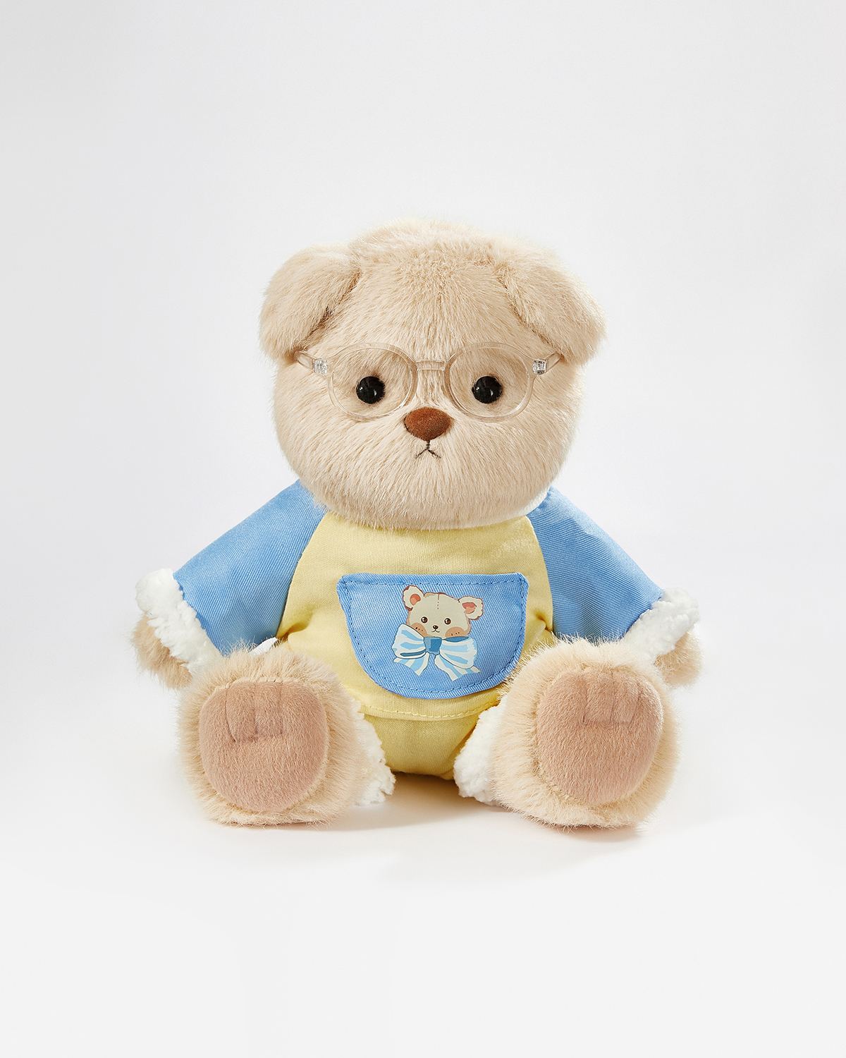 Milk Tea Long Hair Bear & Blue Printed Bear Set - 12 Inches
