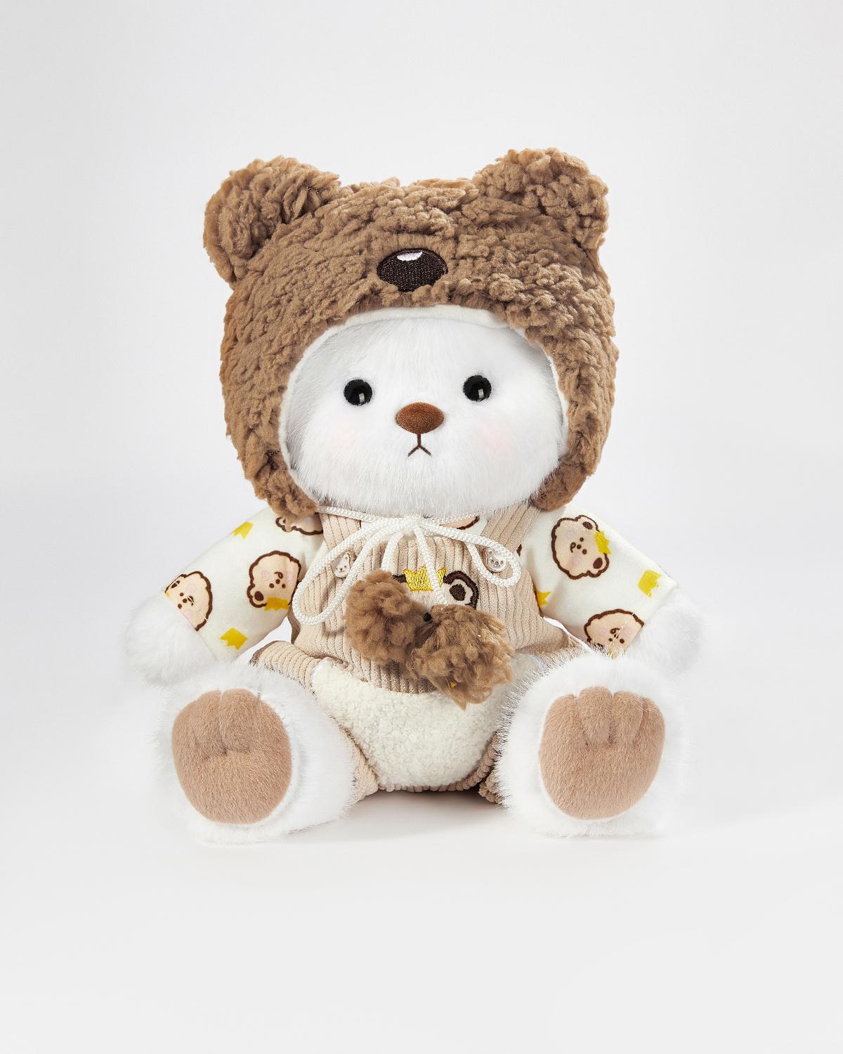 White Long Hair Bear & Brown Bear Overalls Set - 12 Inches