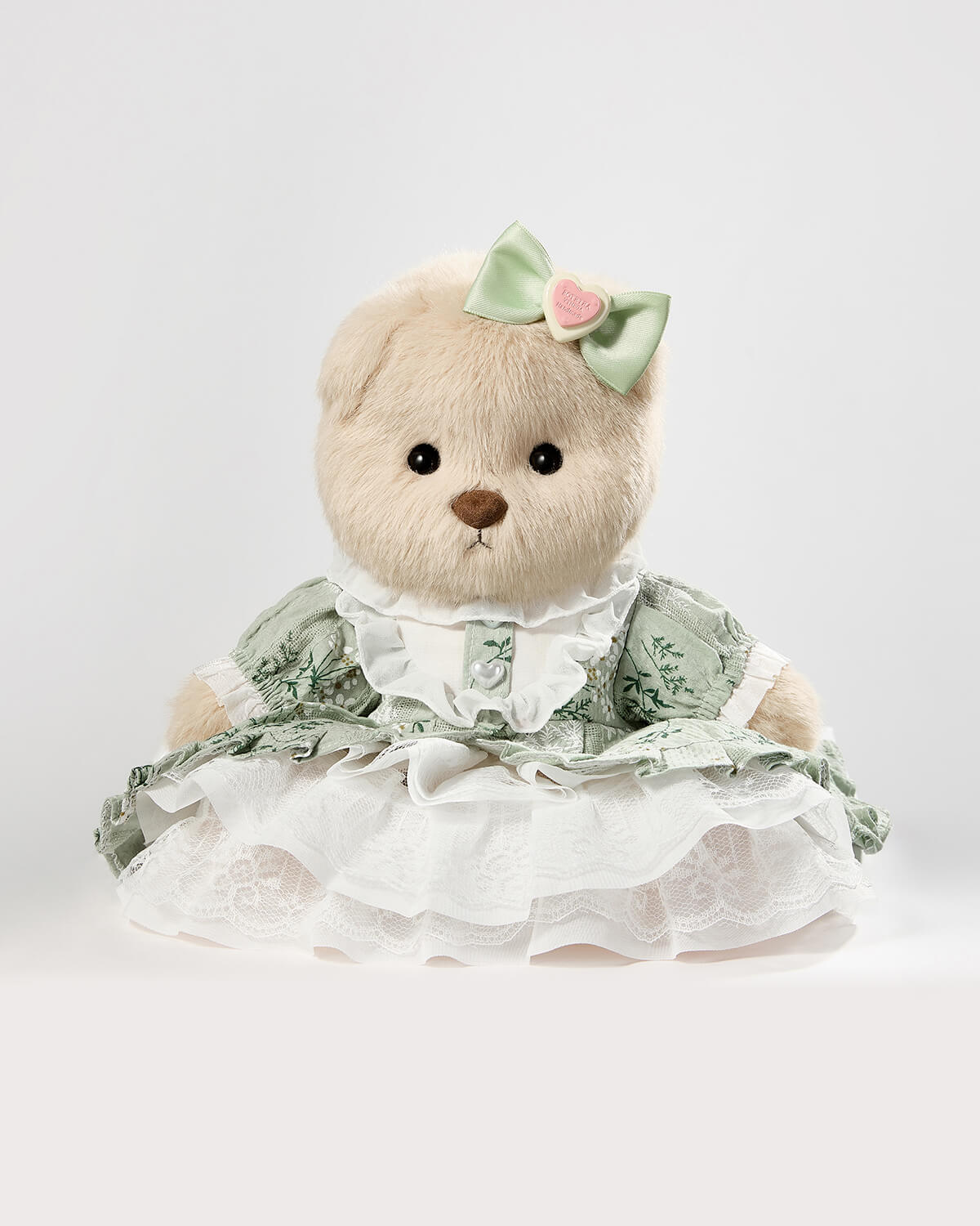 Milk Tea Long Hair Bear & Gorgeous Green Lace Dress - 12 Inches
