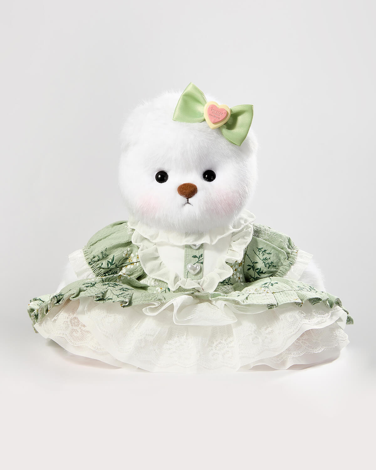 White Long Hair Bear & Gorgeous Green Lace Dress - 12 Inches