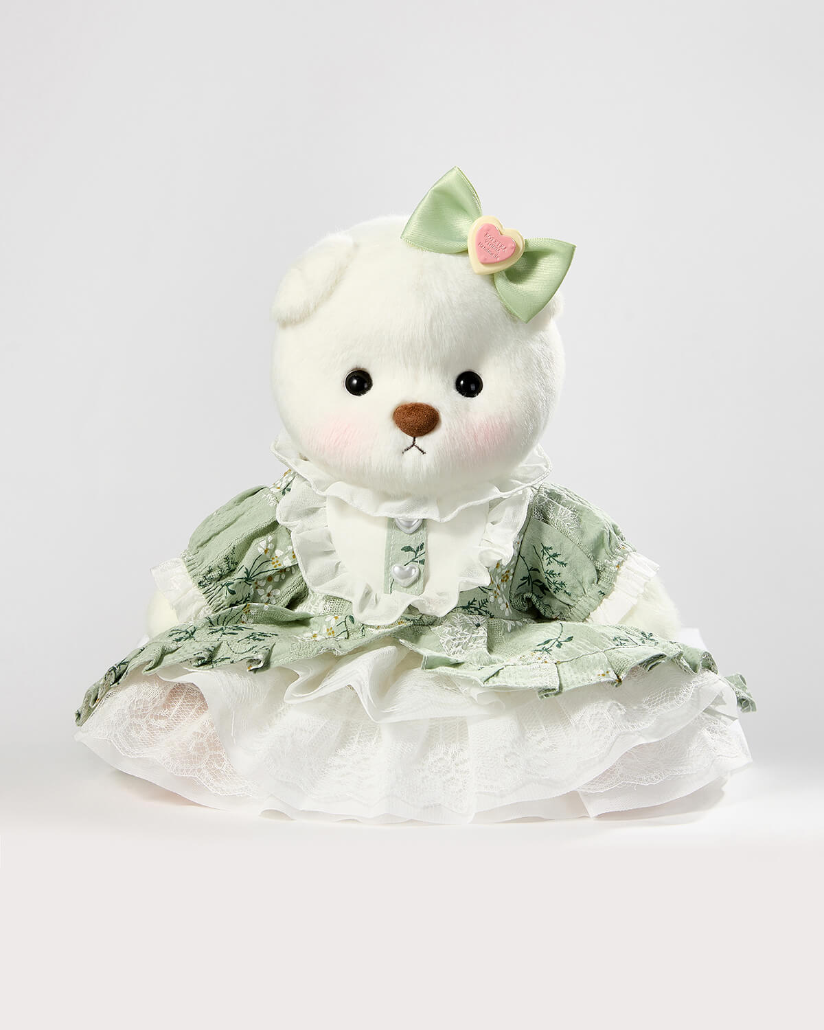 White Short Hair Bear & Gorgeous Green Lace Dress - 12 Inches