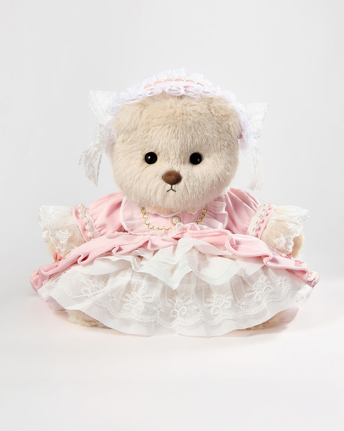Milk Tea Long Hair Bear & Gorgeous Pink Lace Dress - 12 Inches