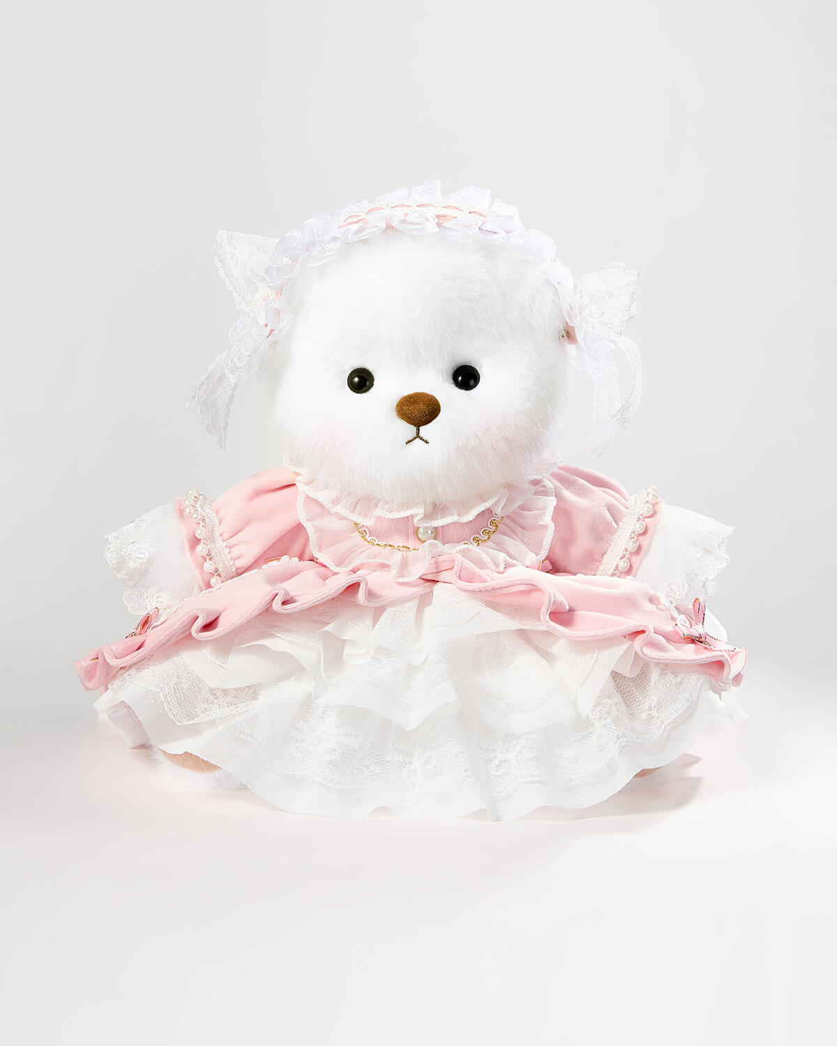 White Long Hair Bear & Gorgeous Pink Lace Dress - 12 Inches