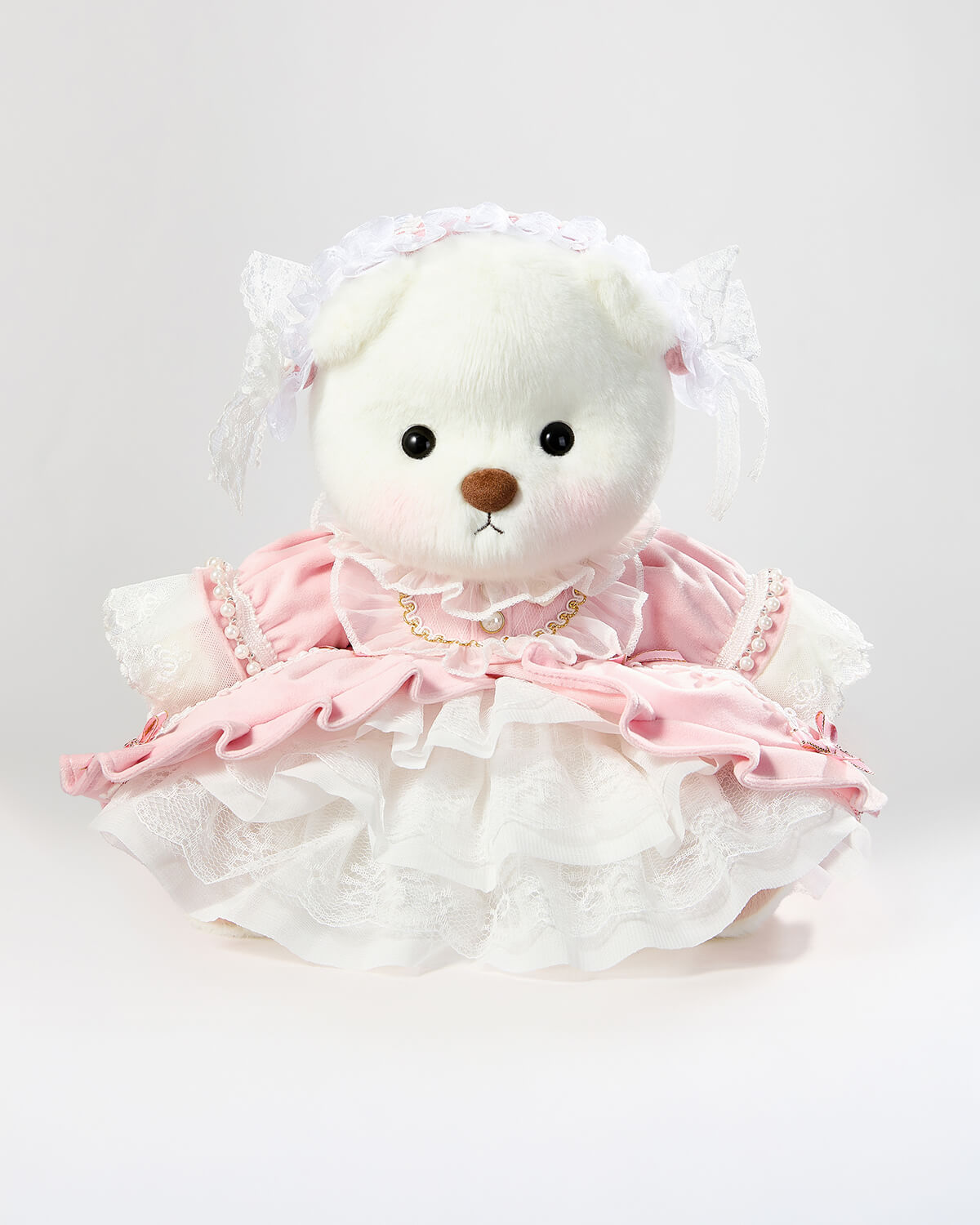 White Short Hair Bear & Gorgeous Pink Lace Dress - 12 Inches