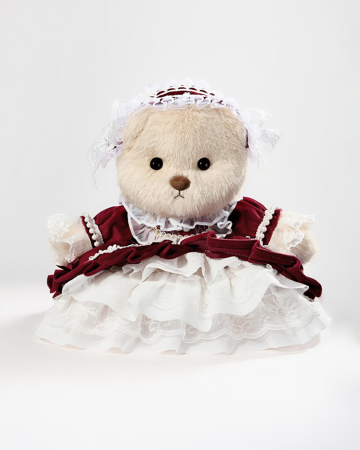 Milk Tea Long Hair Bear & Gorgeous Red Lace Dress - 12 Inches