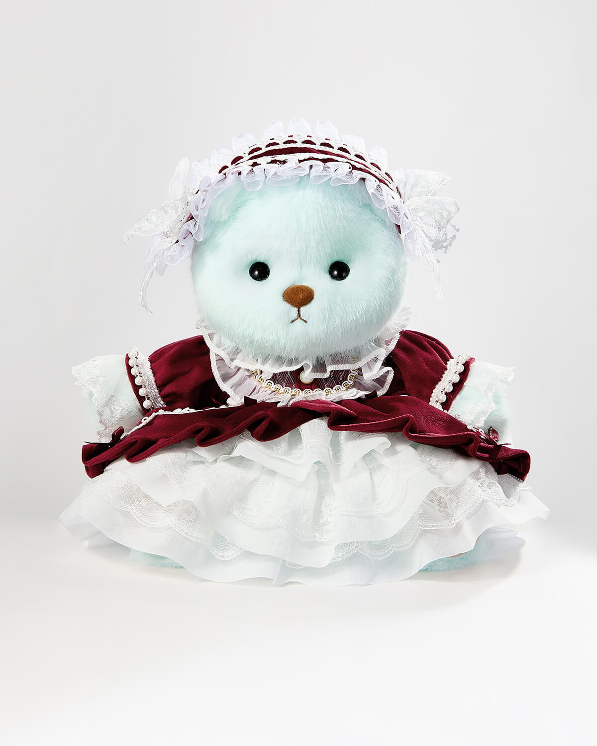 Mint Blue Long Hair Bear & Gorgeous Red Lace Dress - 12 Inches