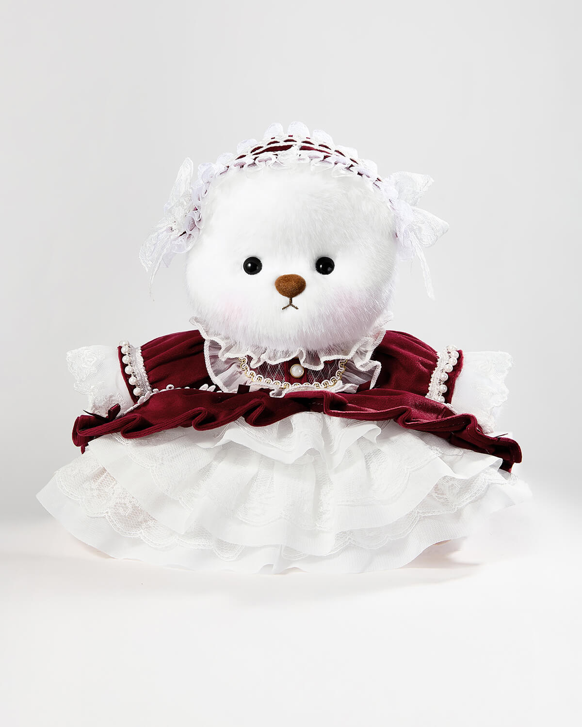 White Long Hair Bear & Gorgeous Red Lace Dress - 12 Inches