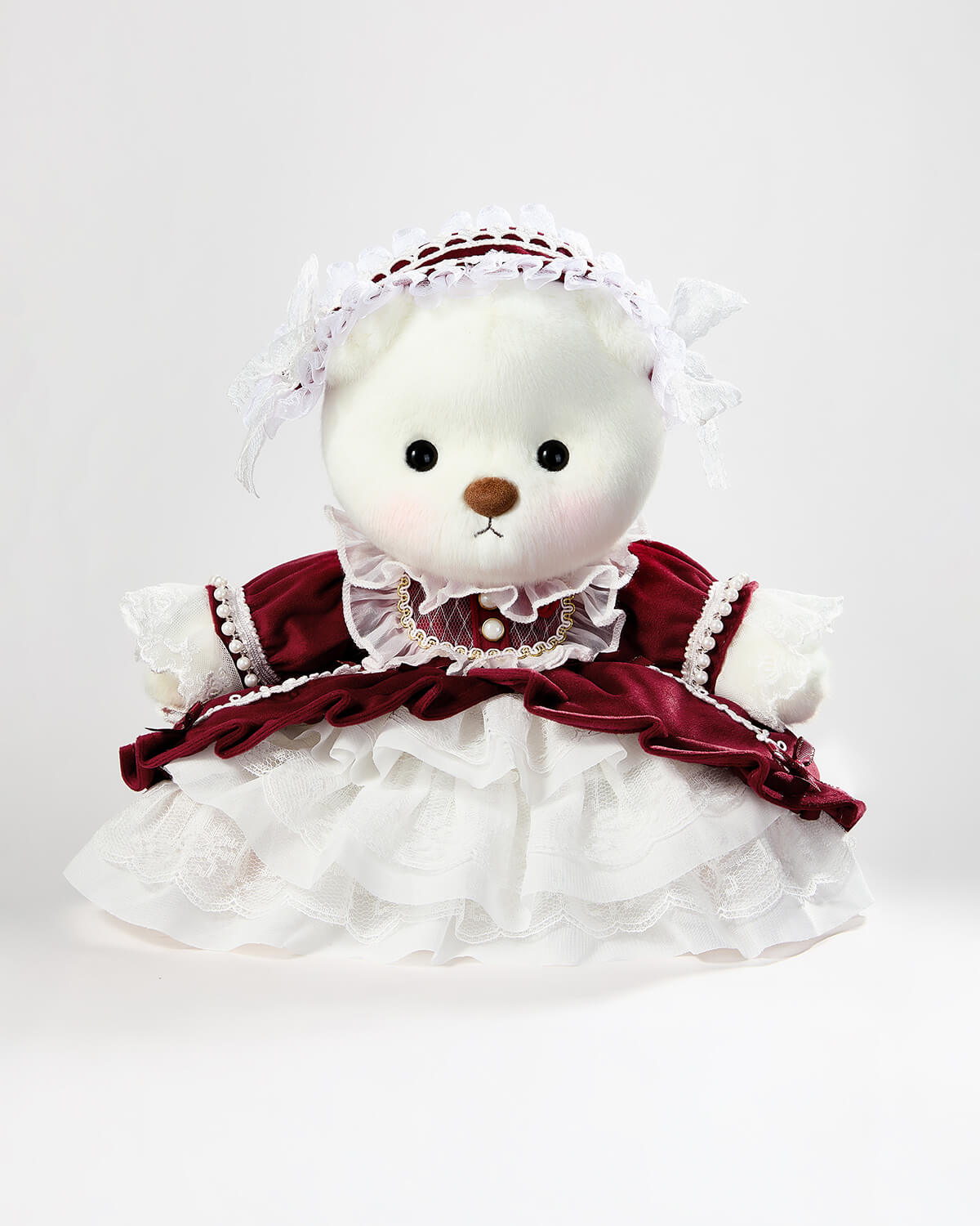 White Short Hair Bear & Gorgeous Red Lace Dress - 12 Inches