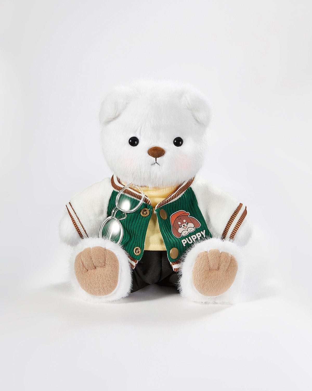 White Long Hair Bear & Green Baseball Jersey Set - 12 Inches