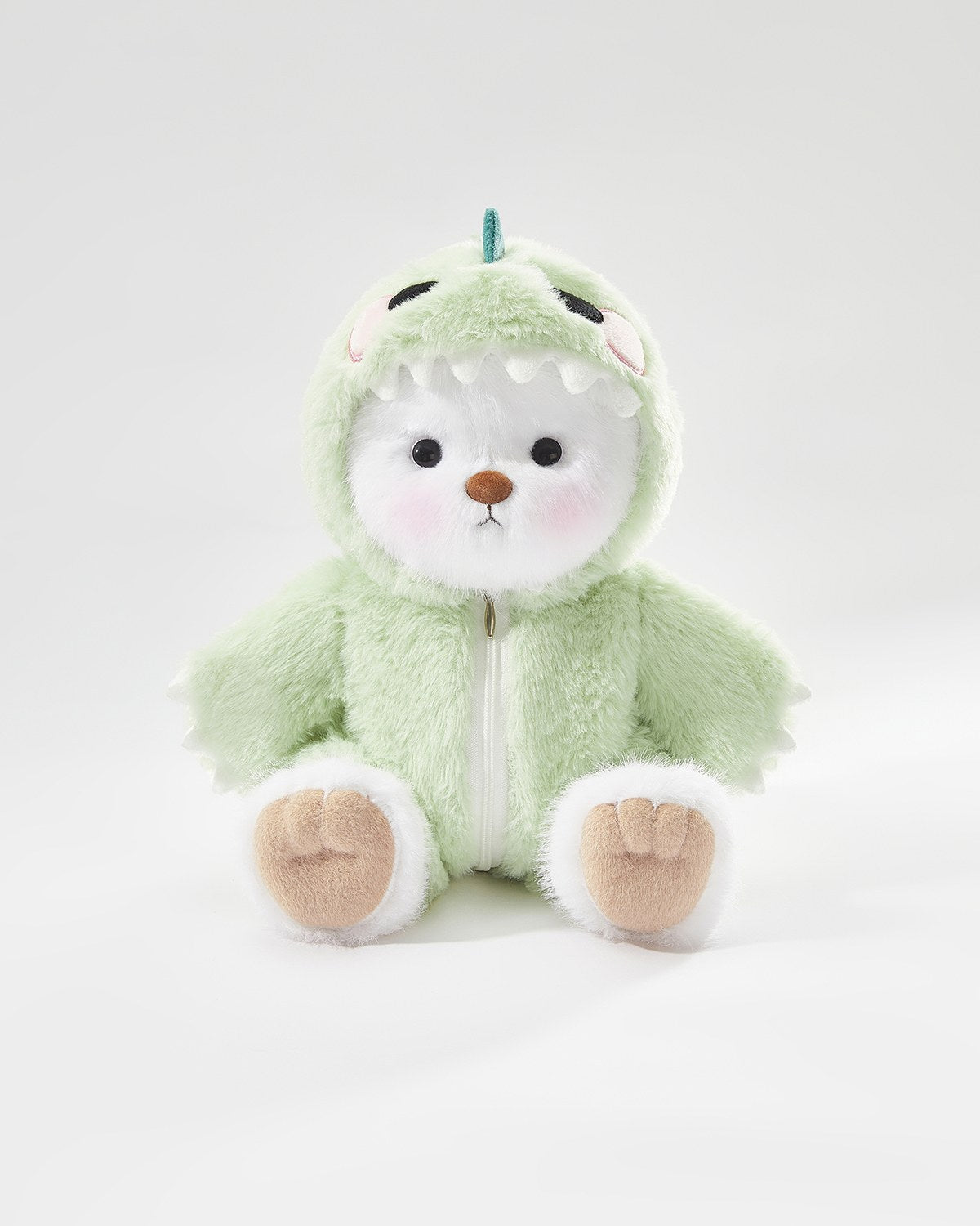 White Long Hair Bear & Green Dinosaur Jumpsuit - 12 Inches