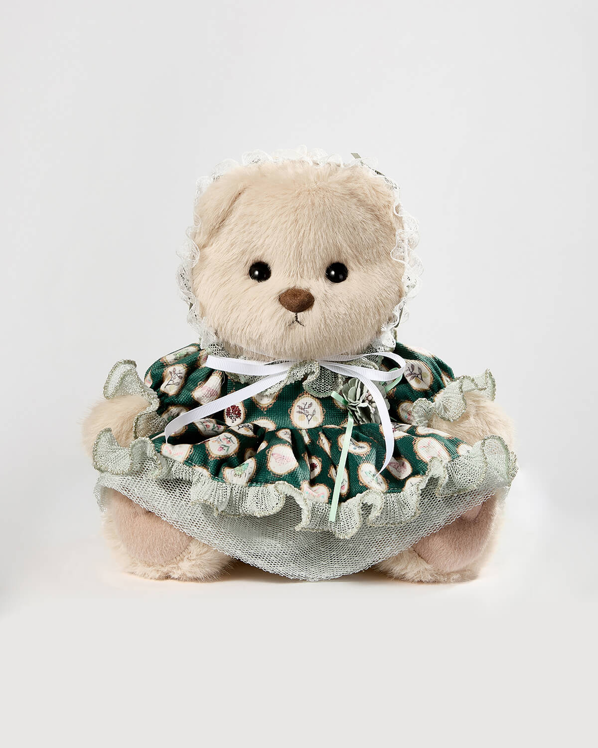 Milk Tea Long Hair Bear & Green Sissy Lace Dress - 12 Inches