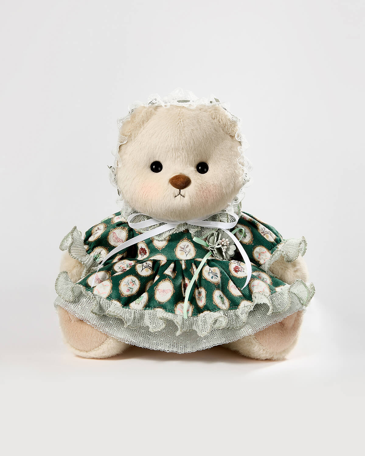 Milk Tea Short Hair Bear & Green Sissy Lace Dress - 12 Inches