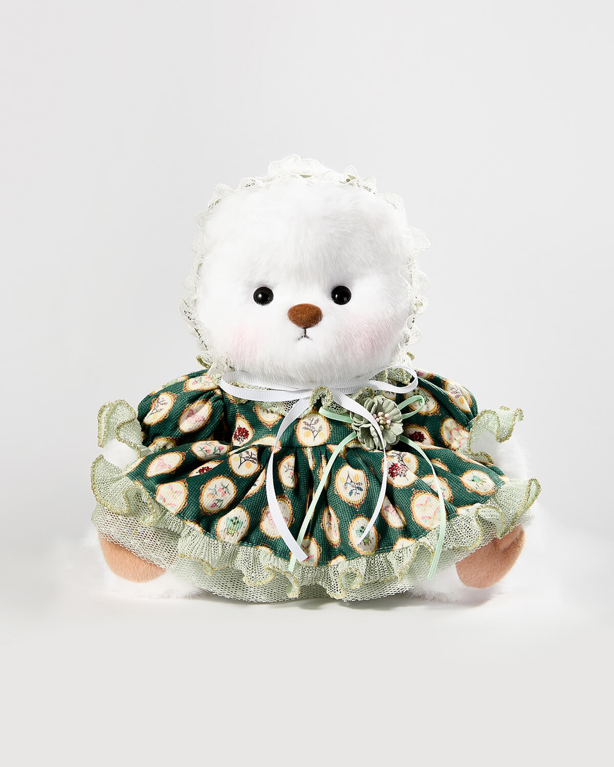 White Long Hair Bear & Green Sissy Lace Dress - 12 Inches