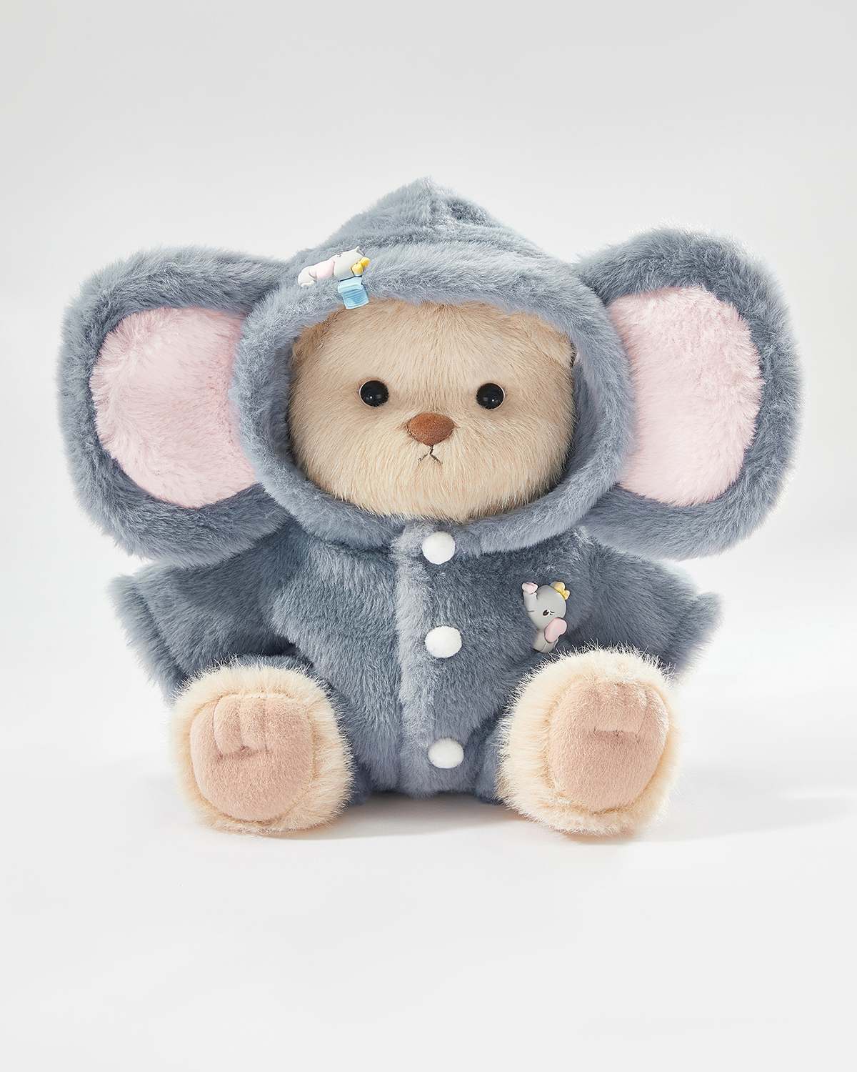 Milk Tea Long Hair Bear & Navy Elephant Jumpsuit - 12 Inches